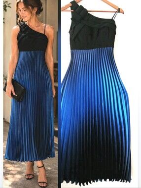 Betsy & Adam One Shoulder Pleated Dress Blue Black Shimmer Cocktail Dress Size 2